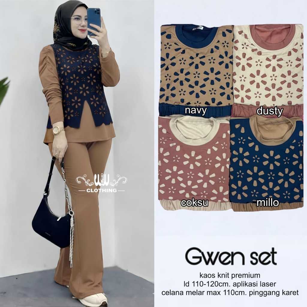 gwen set pakaian setelan wanita dewasa terbaru bahan knit ld 110-120 by ww