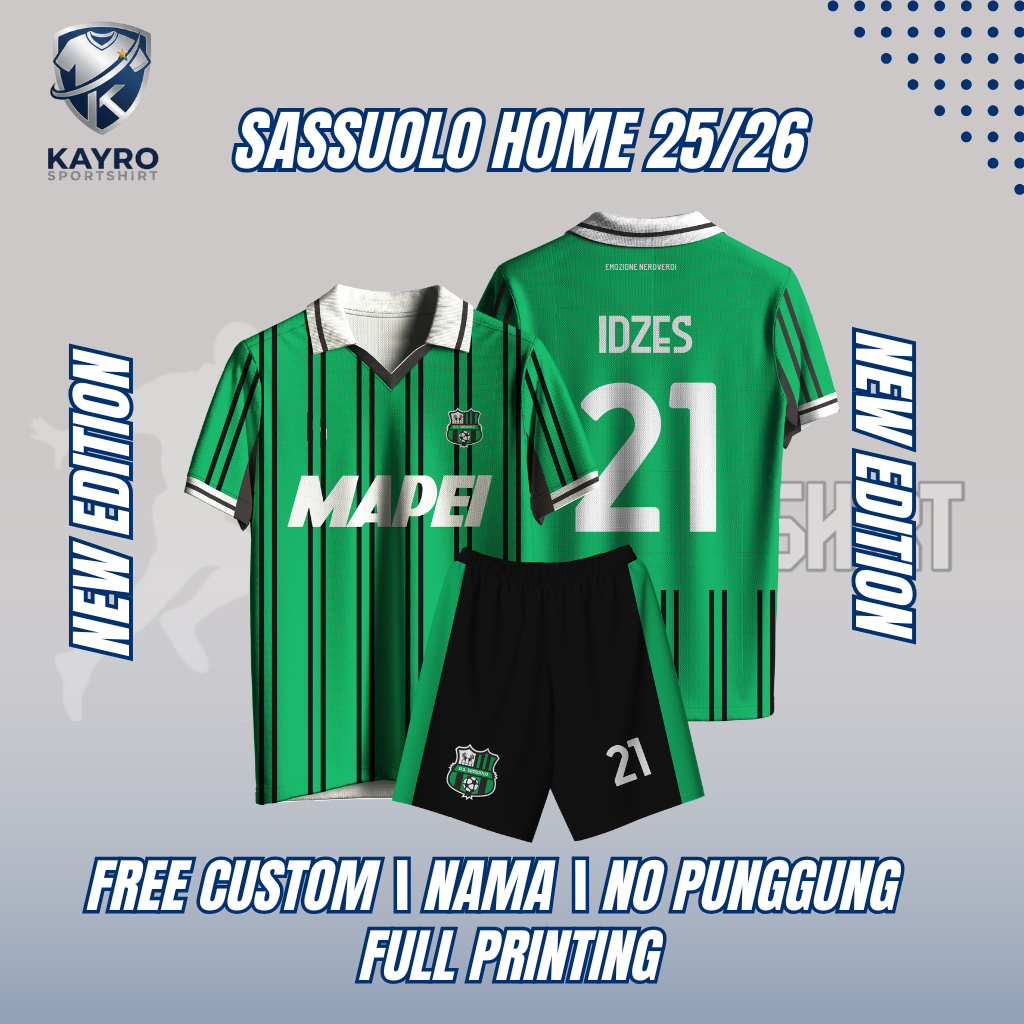 Jersey Bola Sassuolo FC 2025/2026 Home Jay Idzes Dryfit Premium Multiwarna Standar Full Printing Fre