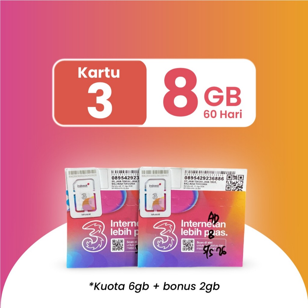 Kartu Perdana Tri 6Gb 60hr Murah l Kartu 3 8GB ( 6Gb + Bonus 2 Gb)