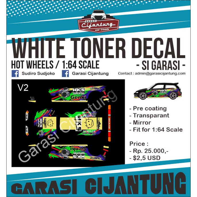 [White Toner] decal Hot Wheels Honda Civic EF tema HKS