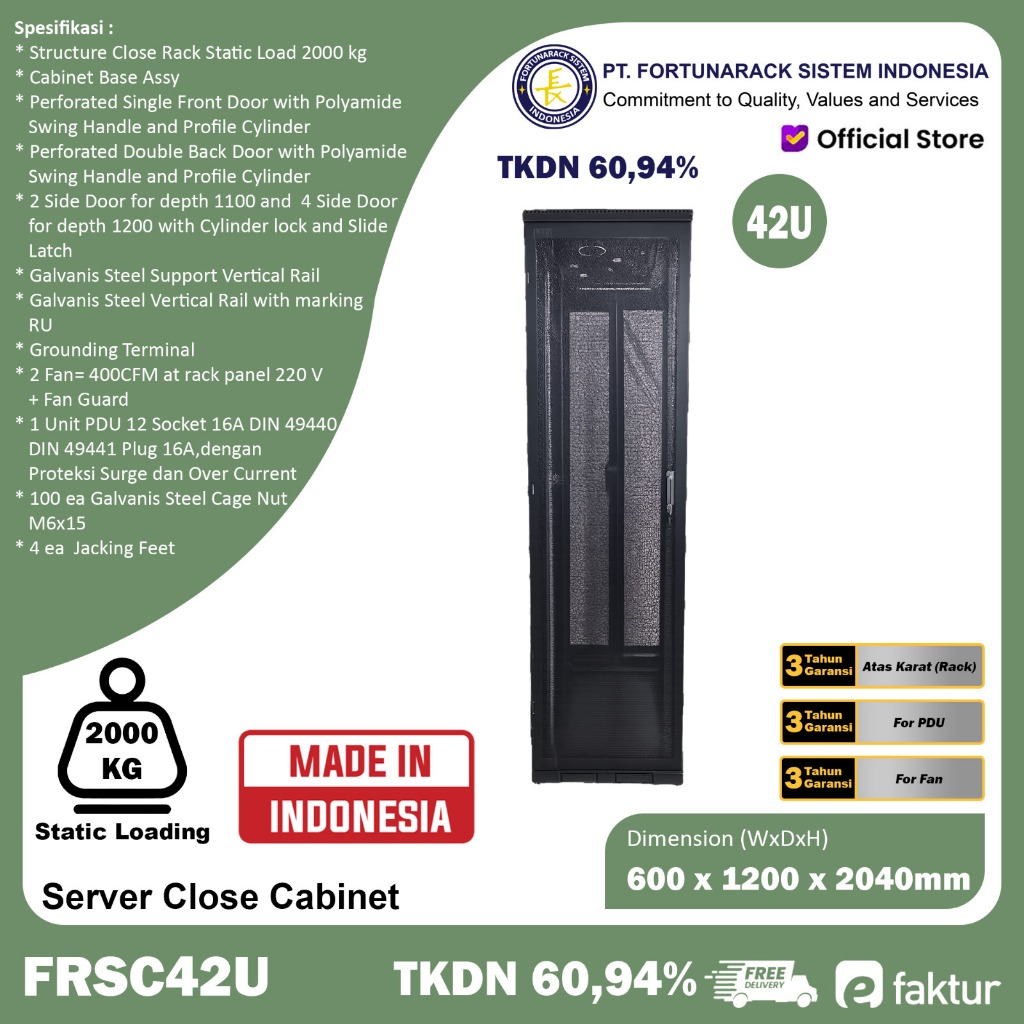 Server Rack Fortunarack Close Cabinet 42U Depth 1200mm TKDN 60,94% (Terakit)