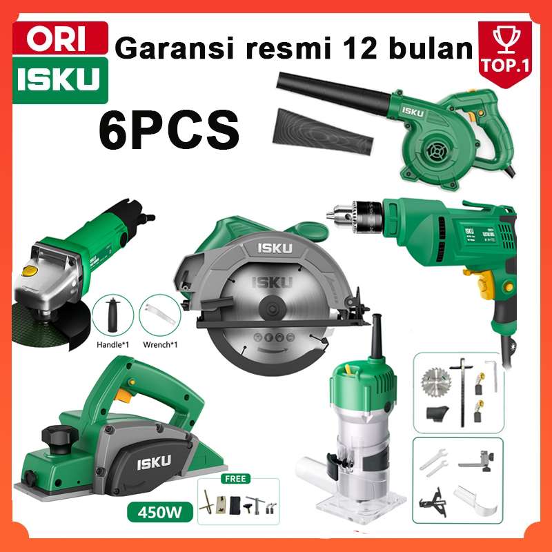 ISKU Paket Usaha Alat Tukang Kayu Set 6 Pcs Mesin Gergaji Circular Saw 7 Inch Serut Pasrah Planer Pr