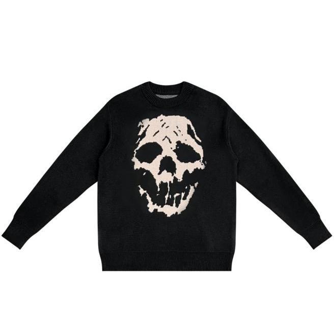 JKTee Sweater Skull Pria Hitam | Rajut Premium Campuran Katun | Oversize Fit Leher O Lengan Panjang 
