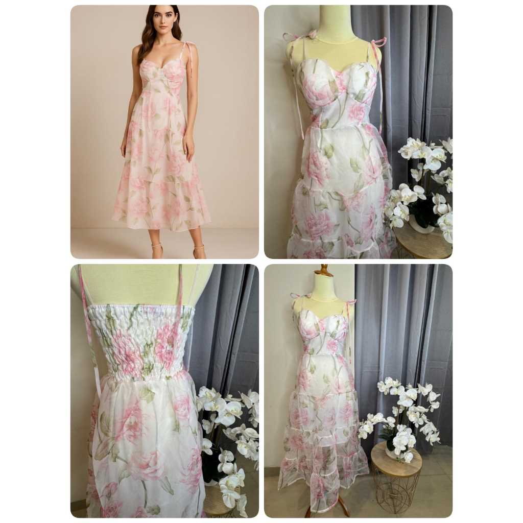 Jms - 734  / Dress pesta panjang / long dress maxi flower / gaun summer lapis furing motif bunga bun