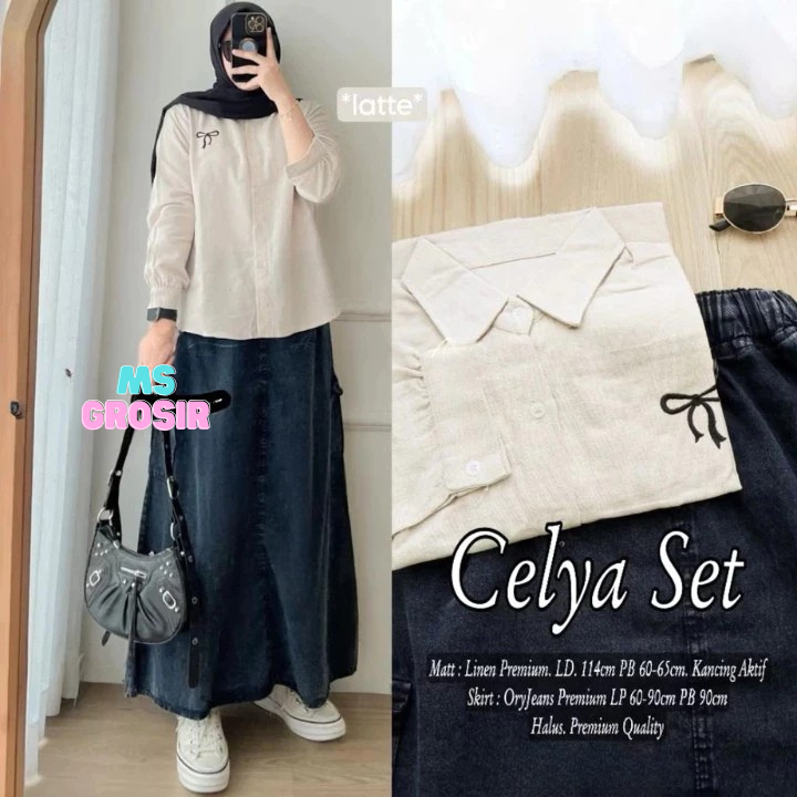 SETELAN ROK ORI BAJU ATASAN KEMEJA POLOS KATUN LINEN CANTIK VARIASI BORDIR PITA SET ROK JEANS WASH M
