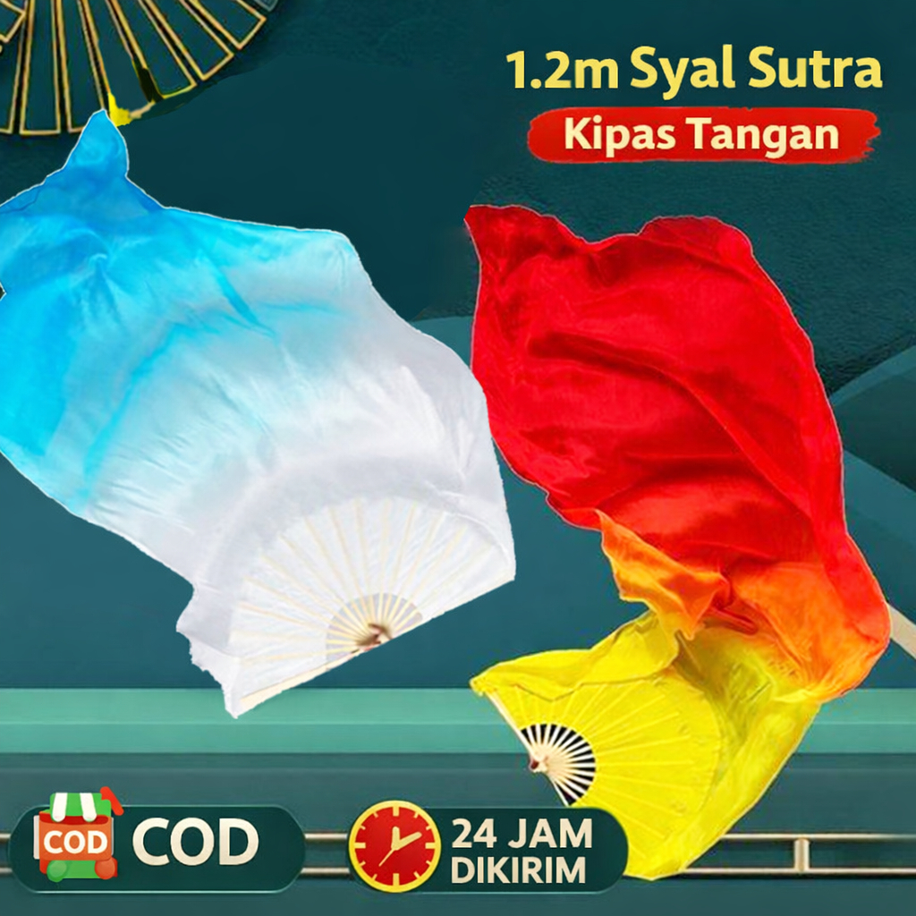Kipas Tangan Anak Bambu Sutra Cina Panjang 120cm Gradien Kuning Merah Putih Biru