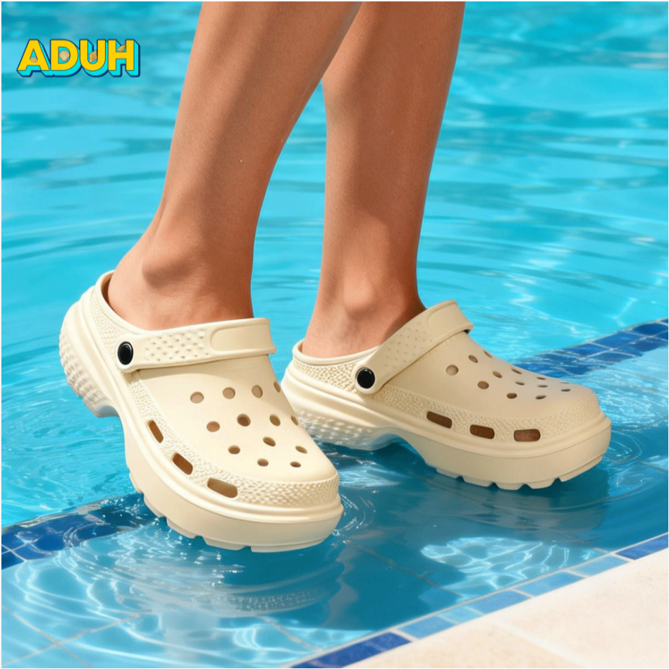 hot product aduh-sandal kekinian korea style crocs wanita polos sol tebal empuk anti slip untuk