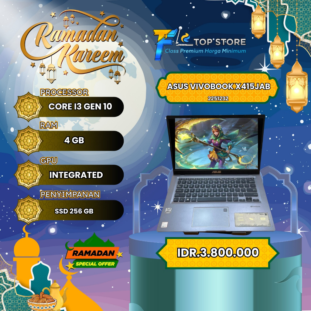 LAPTOP ASUS VIVOBOOK X415JAB CORE I3 GEN 10 SSD 256/4GB