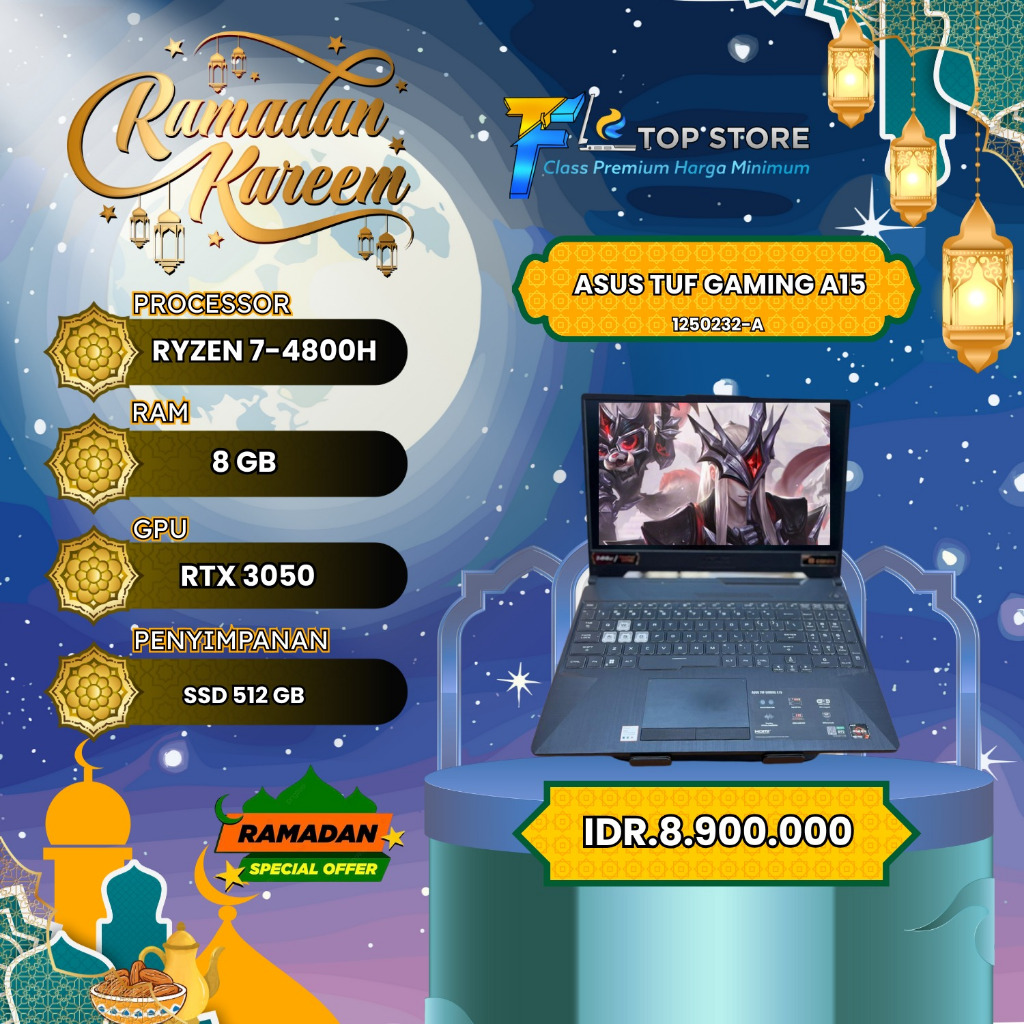 LAPTOP ASUS TUF GAMING A15 AMD RYZEN 7-4800H SSD 512/8GB-RTX 3050 4GB