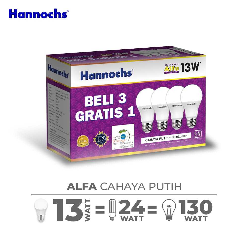 <HARGA 4 PCS> Hannochs Lampu LED Alfa Paket 3+1 13 Watt 13W Putih