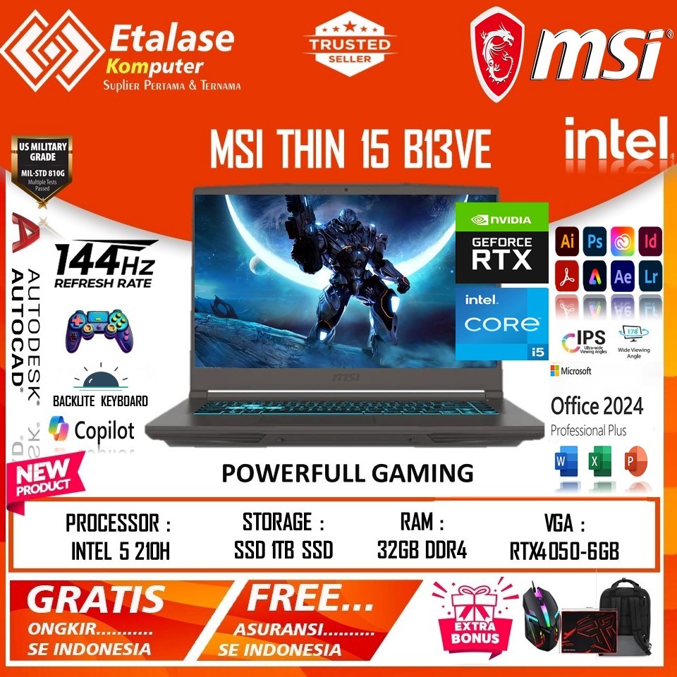 Laptop Gaming MSI THIN 15 B2RVE core 5 210H RTX4050 | MSI THIN 15 B13UC CORE i5 13420H RTX3050 baru
