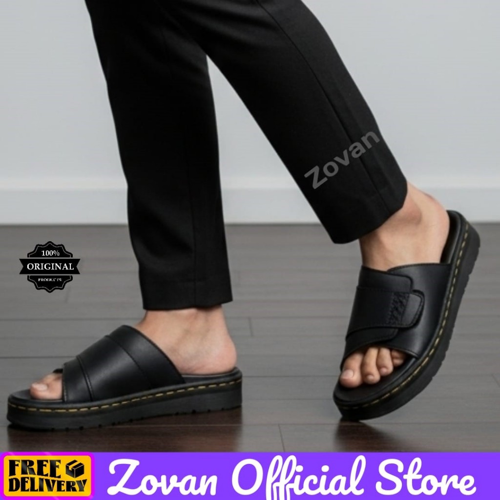 MATEO Sandal Slop Pria Casual Hitam Synthetic Premium Sendal Slide Velcro Santai Kulit PU Traveling 