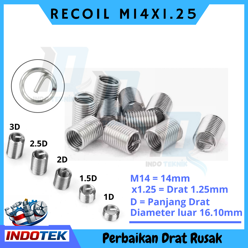 Recoil M14x1.25 Helicoil Repair Drat Stainless Steel Baut 19