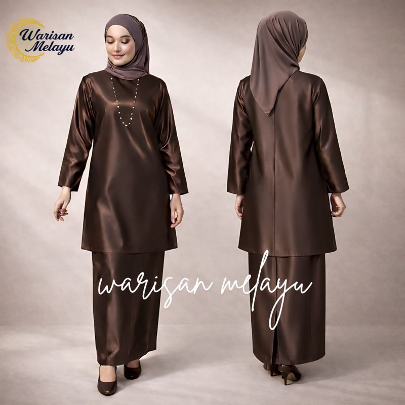 Setelan Baju Kurung Wanita Modern Bahan Satin Polos One Set Tunik Pakaian Melayu Kebaya Muslim Malay