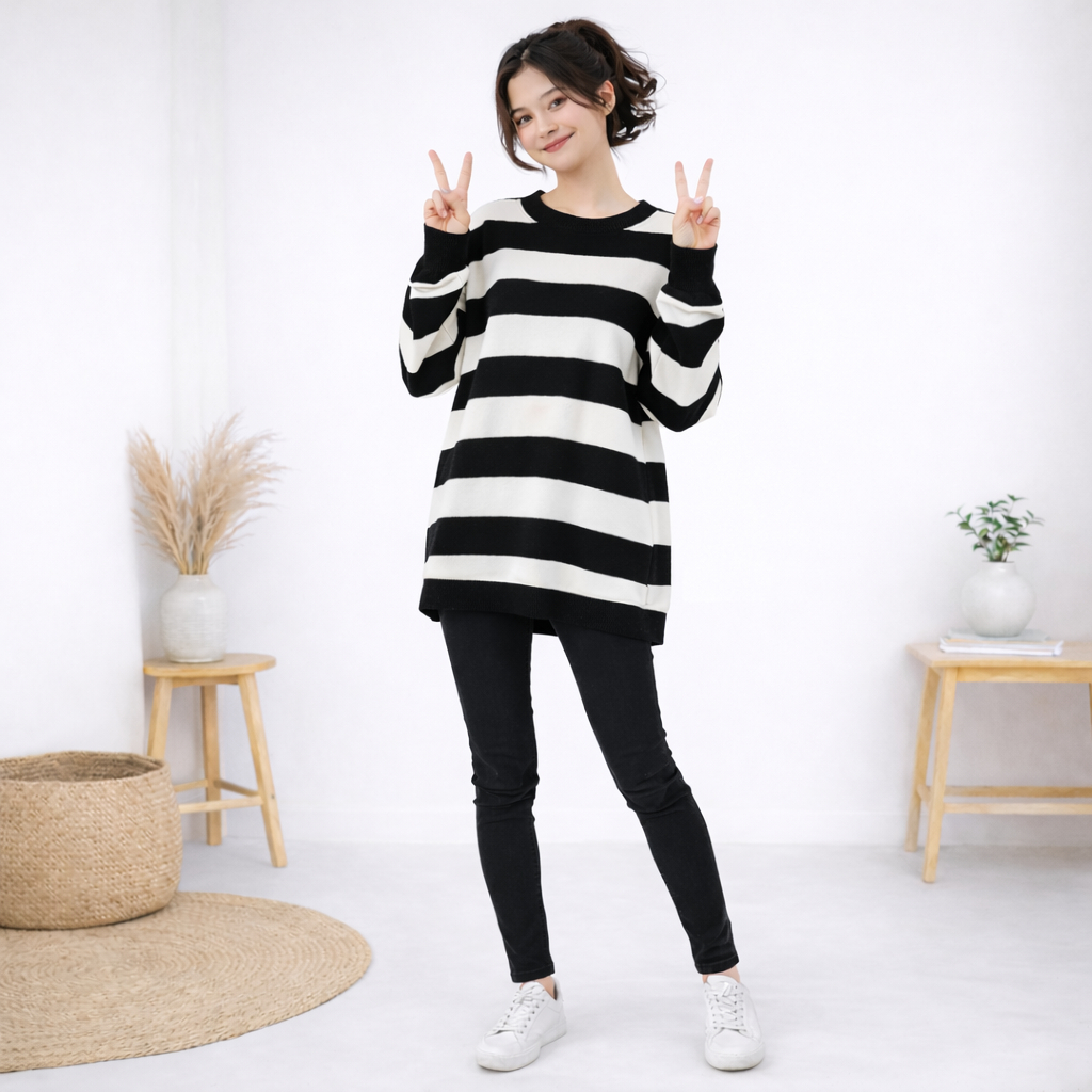 Sweater Salur Hitam Putih Oversize Unisex | Switer Motif Garis Pria Wanita Lengan Panjang Kekinian