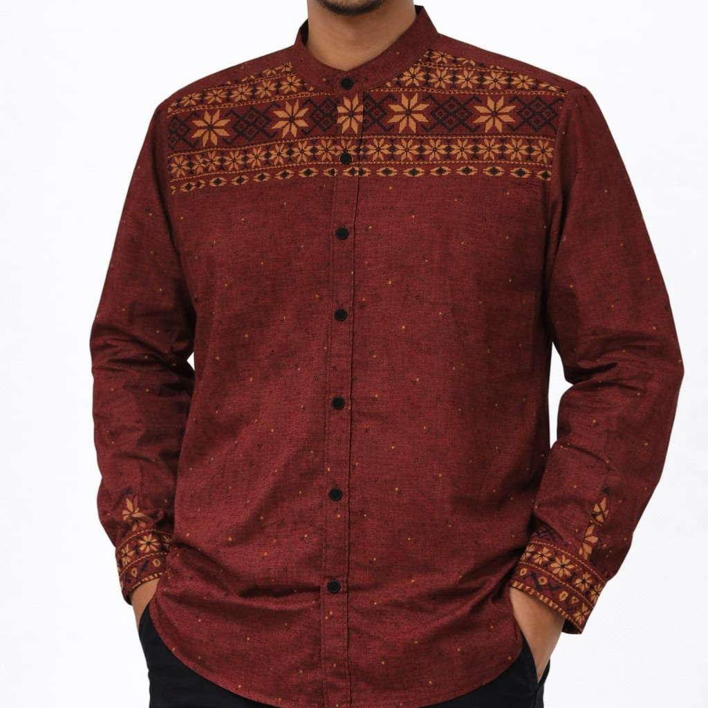 Kemeja Koko Katun Madinah Motif Gradasi Pria Poliester Katun Muslim Kain Lembut Panjang Nyaman Manse