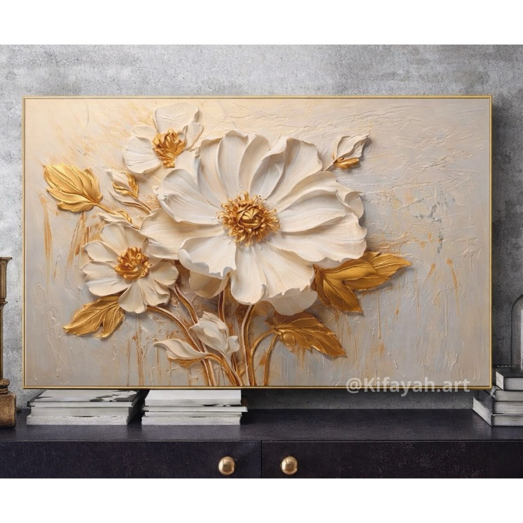 Lukisan Dinding Bunga Daun Gold - Lukisan Tangan Asli - Lukisan Tekstur Timbul - Hiasan Dinding Ruan