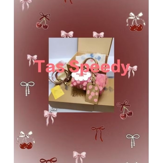 Cherrybag Store II Tas Speedy Wanita Merah Muda Uk18cm Mini Bahan Kanvas Motif Elegant dengan box Ma