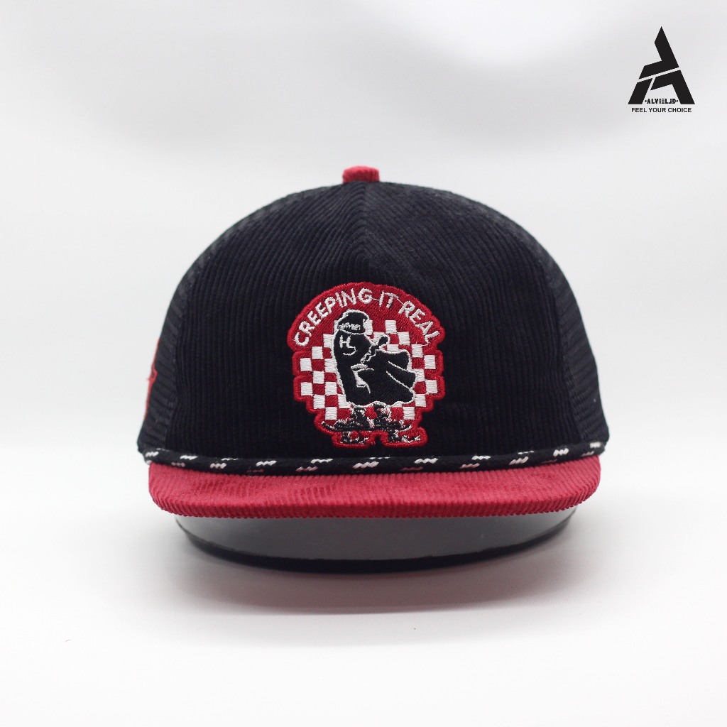 ALVIEL - Topi Ropehat Jaring Corduroy Merah Hitam Pria Dewasa