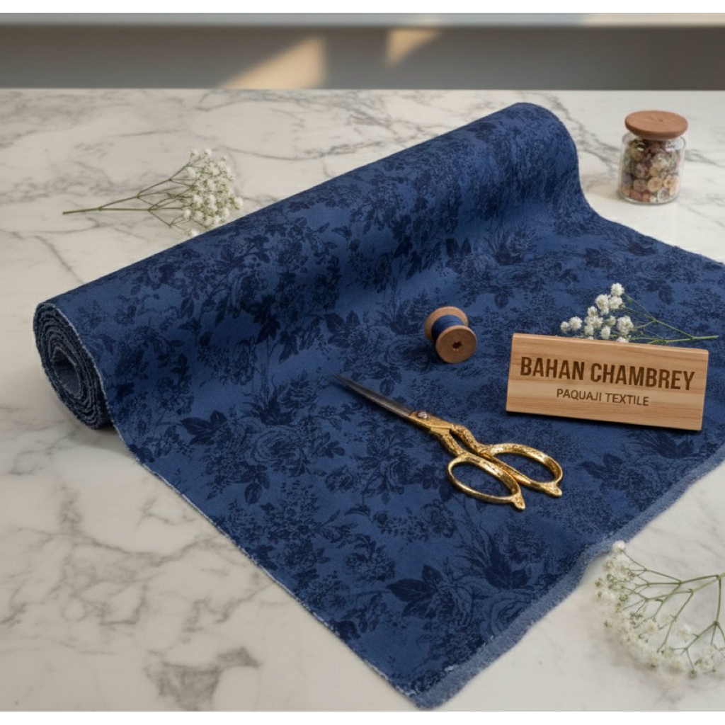 bahan kain katun Chambrey motif bunga/ Chambrey arahan kemeja dan celana/blue jeans /denim