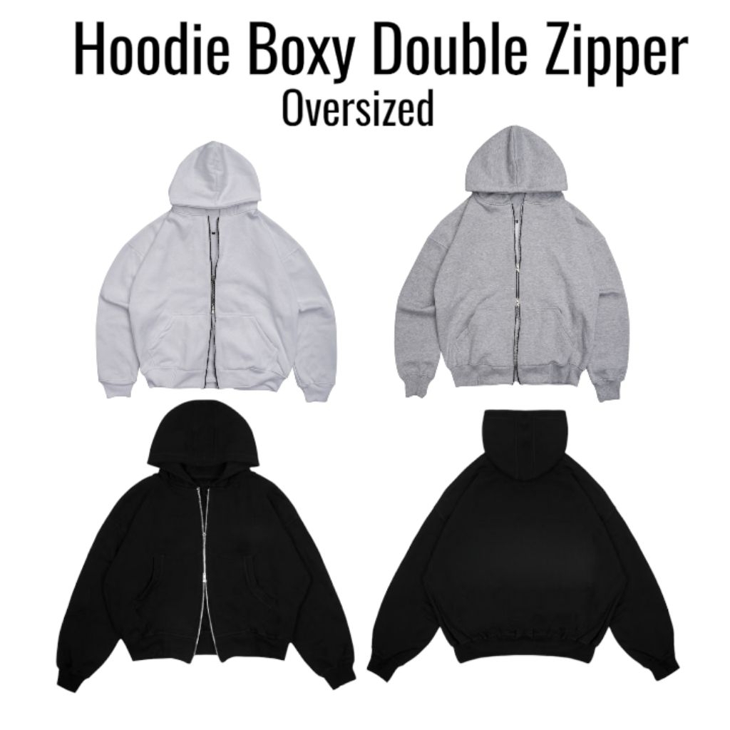 Hoodie Boxy Double Zipper Hitam putih abu Misty unisex pria dan wanita / Hoodie Zipper Boxy / Hoodie