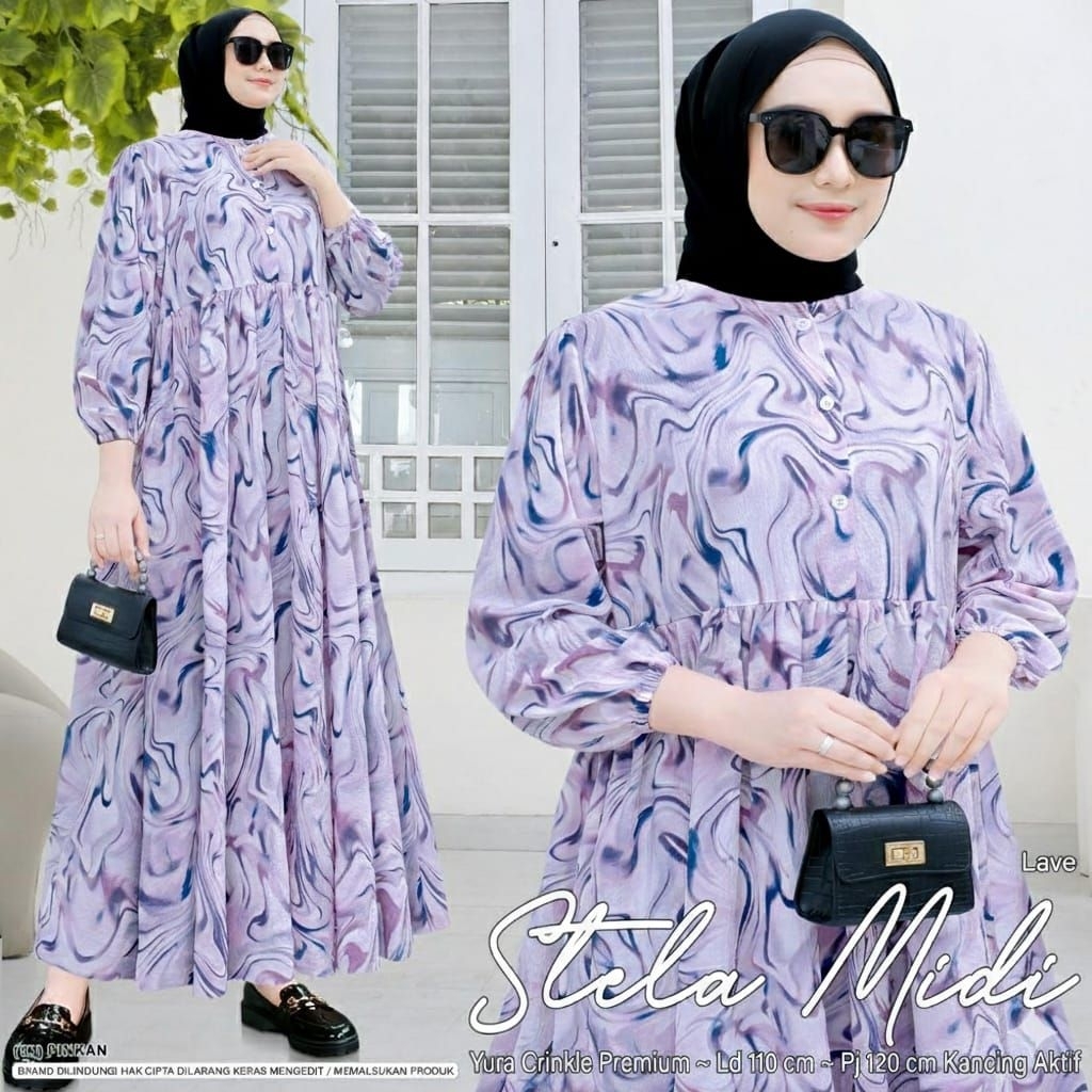 STELA MIDI DRESS YURA CRINKLE PREMIUM KANCING AKTIF DEPAN NYAMAN KEKINIAN BY LEMORA
