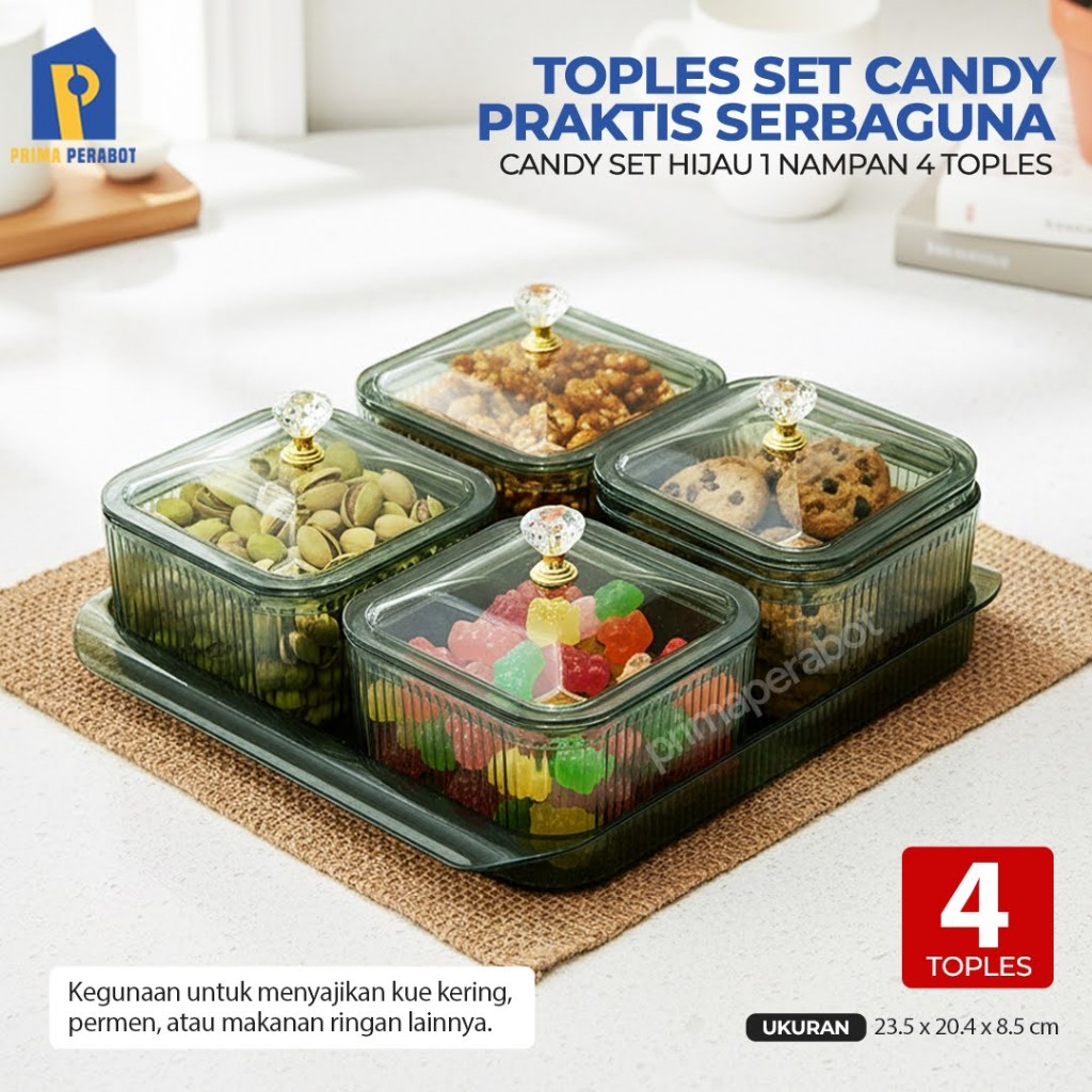 Toples Kue Snack Set 4 Hijau Motif Tutup Kristal + Nampan