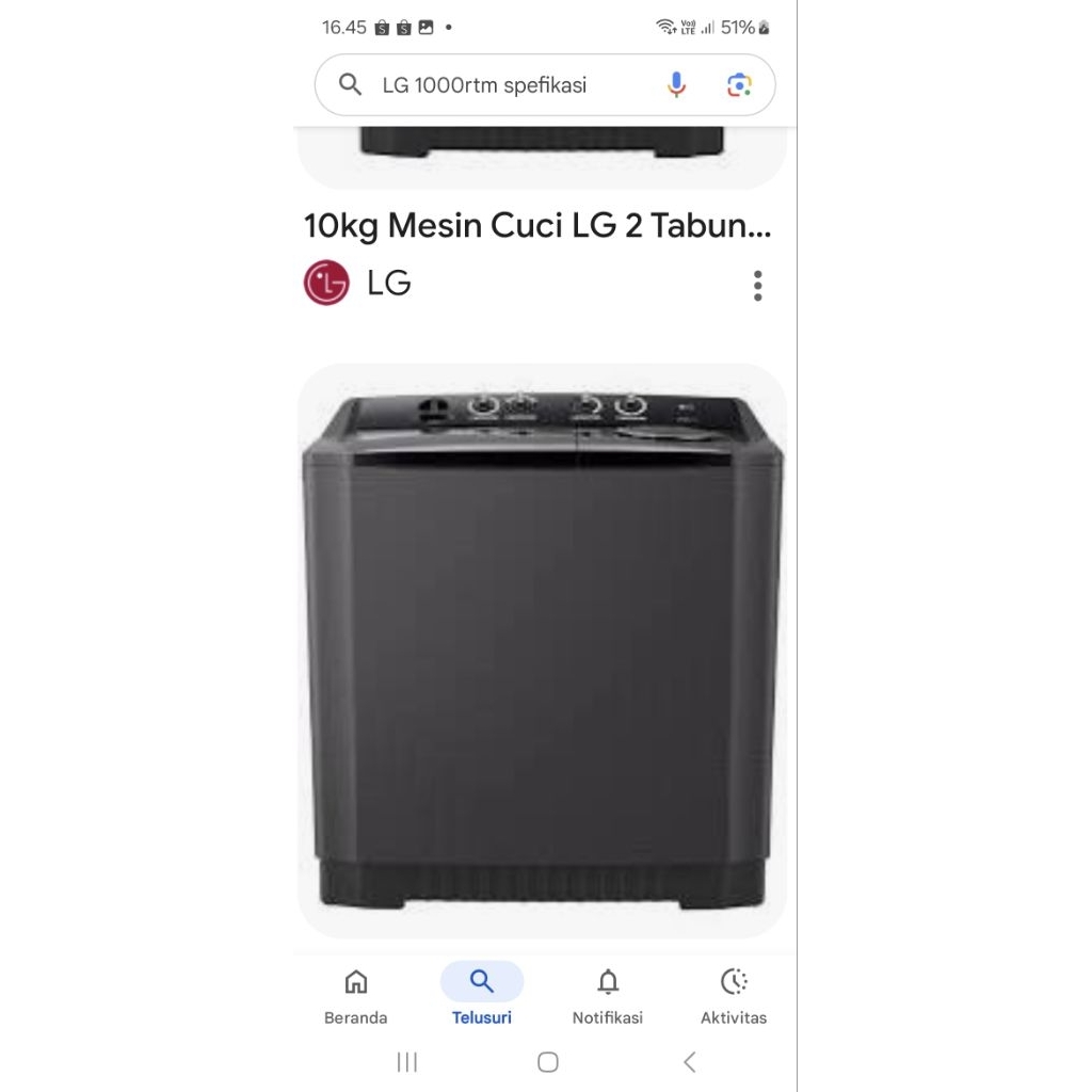 mesin.cuci 10kg 2 tabung LG P1000RTM