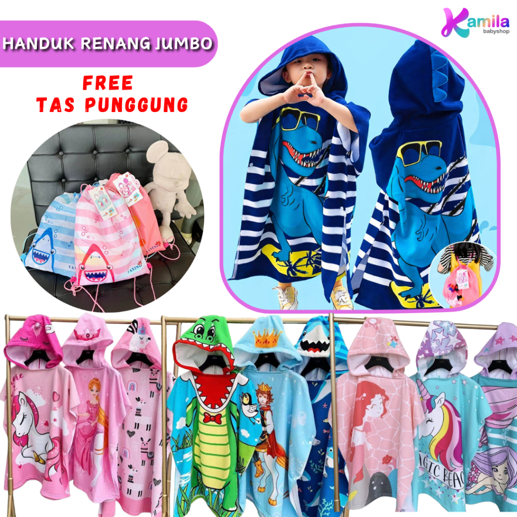 Handuk Renang Anak Jumbo Size L Free Tas Punggung / Handuk Ponco Hoodie Jumbo