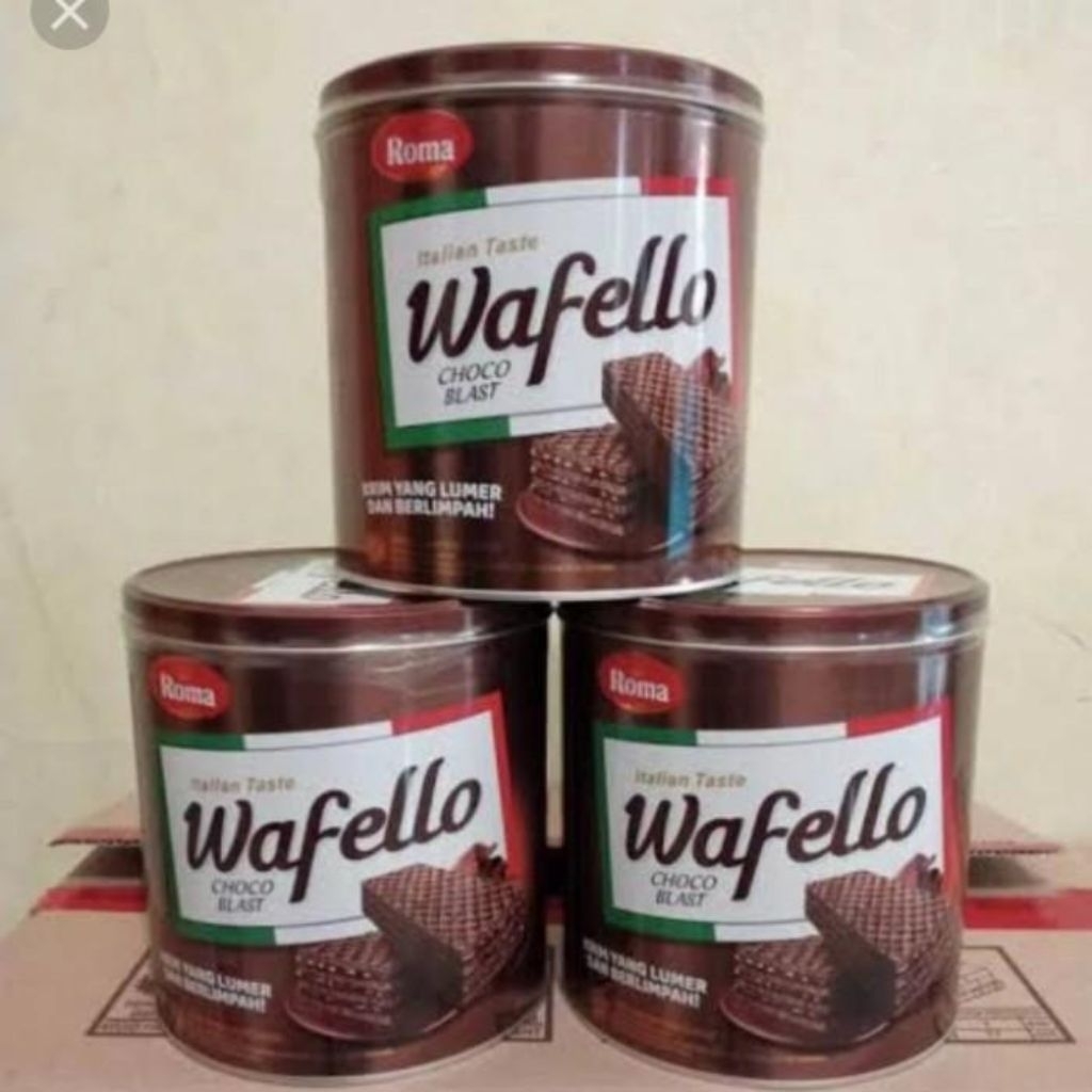 Roma kue Wafello wafer kaleng rasa cokelat dan caramel