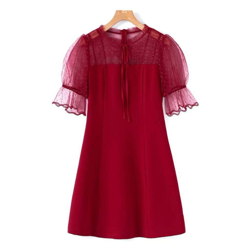 Dress Merah Maroon Cantik Ruffle Lengan Renda Lace Imlek CNY Wanita Gaun Pita Red Midi Mini Korean S