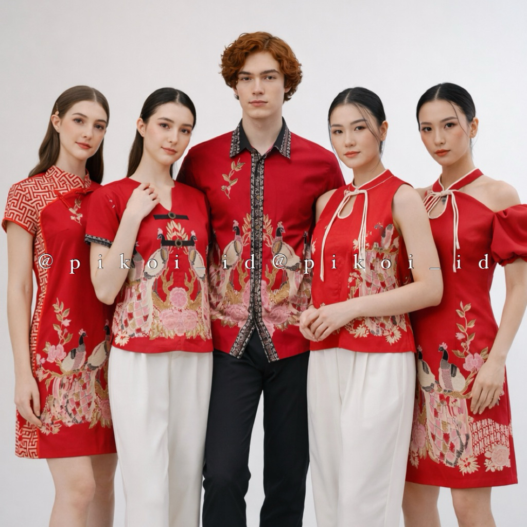Couple batik merah pria wanita / batik sarimbit modern cowok cewek / atasan wanita merah peacock Che