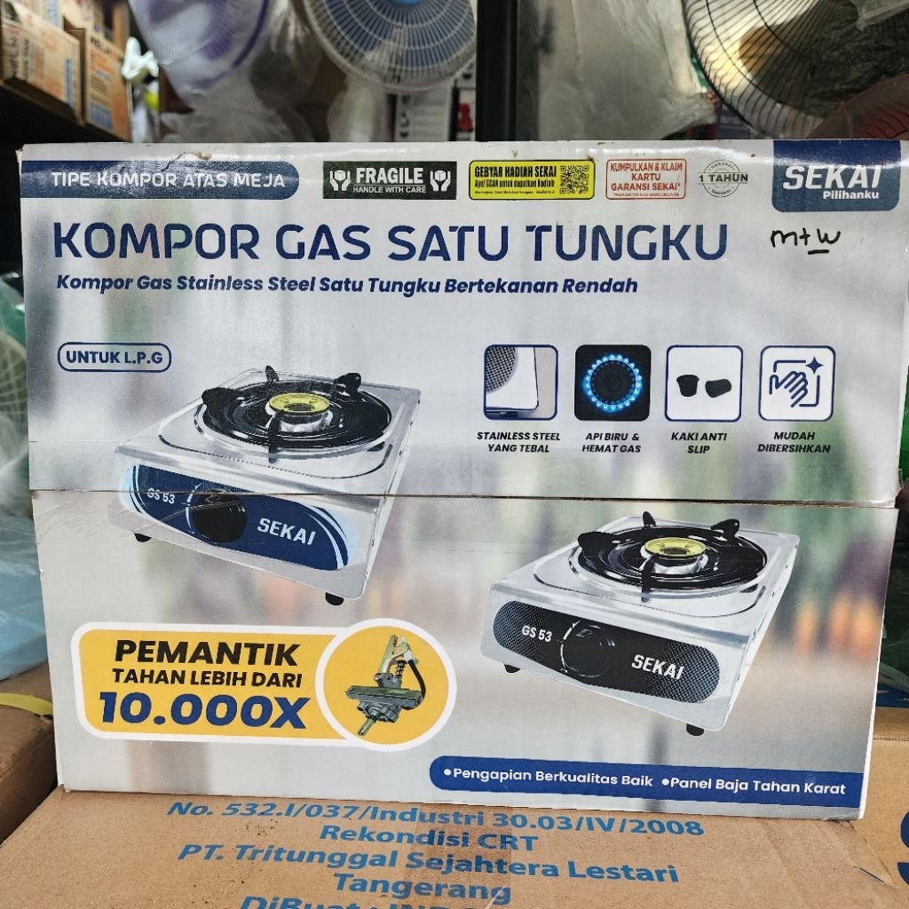 Kompor Gas Satu Tungku Sekai GS 53 Stainless Steel mata api biru dan kaki kompor anti slip