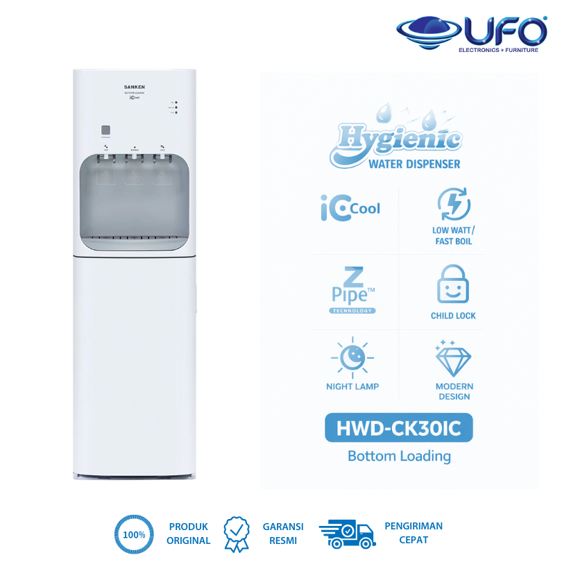 Sanken HWD-CK30IC Dispenser Galon Bawah 3 Kran Air Panas Dingin Low Watt Cool IC Child Lock BPA Free