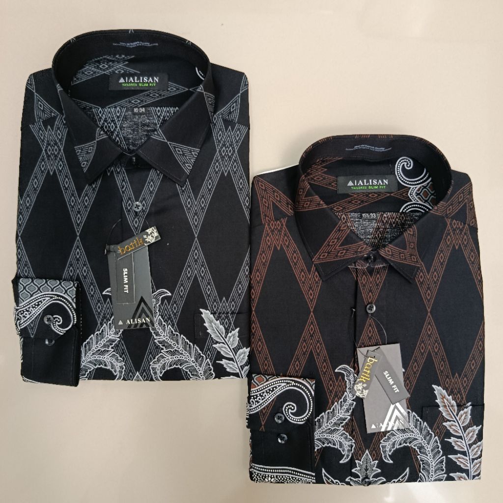LENGAN PANJANG ALISAN Batik Printing Pria Motif Daun Panjang Slimfit Coklat/Hitam