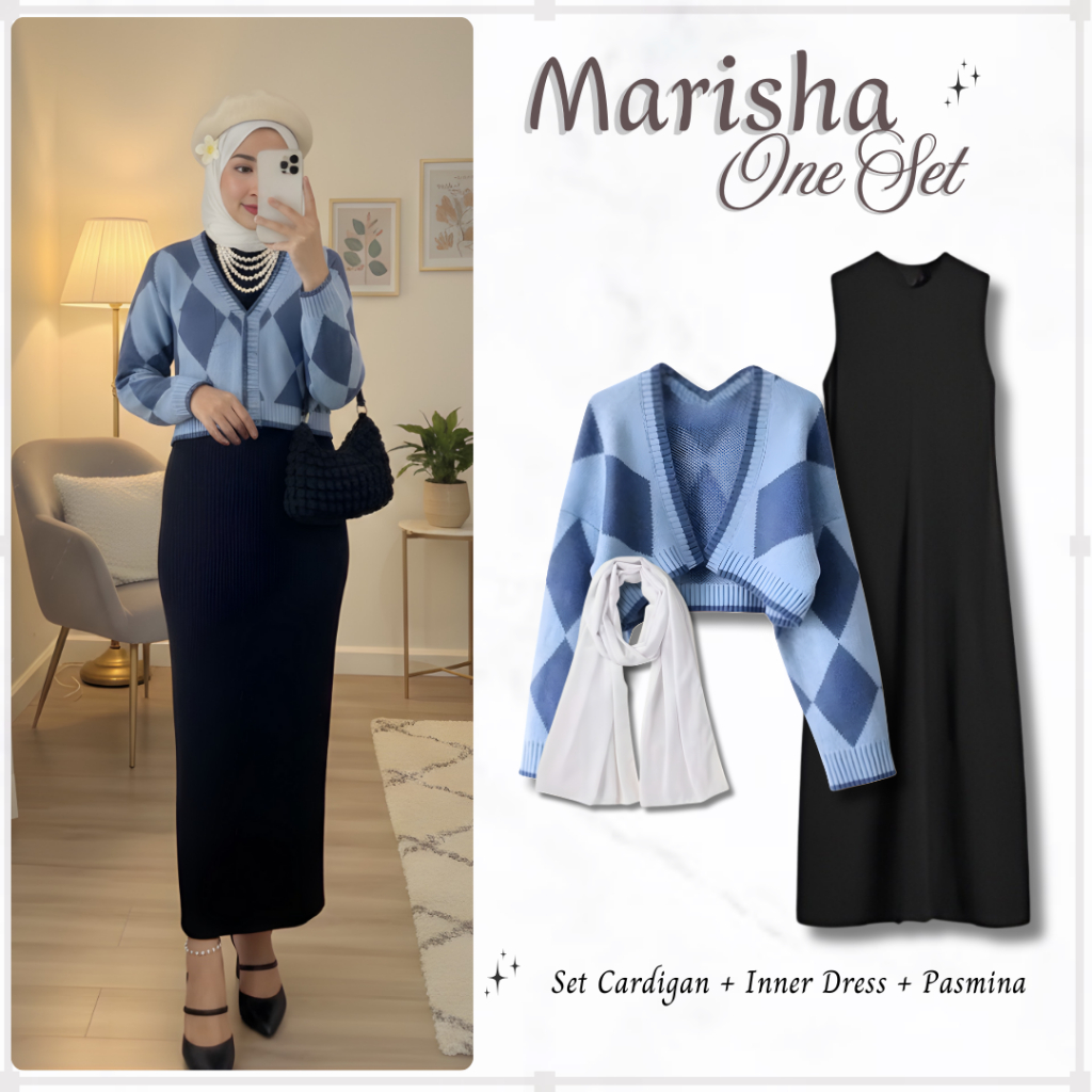 Outfit Marisha 3in1 | One Set Muslimah Cardigan Rajut + Inner Dress + Pashmina | Kardigan Rajut Prem