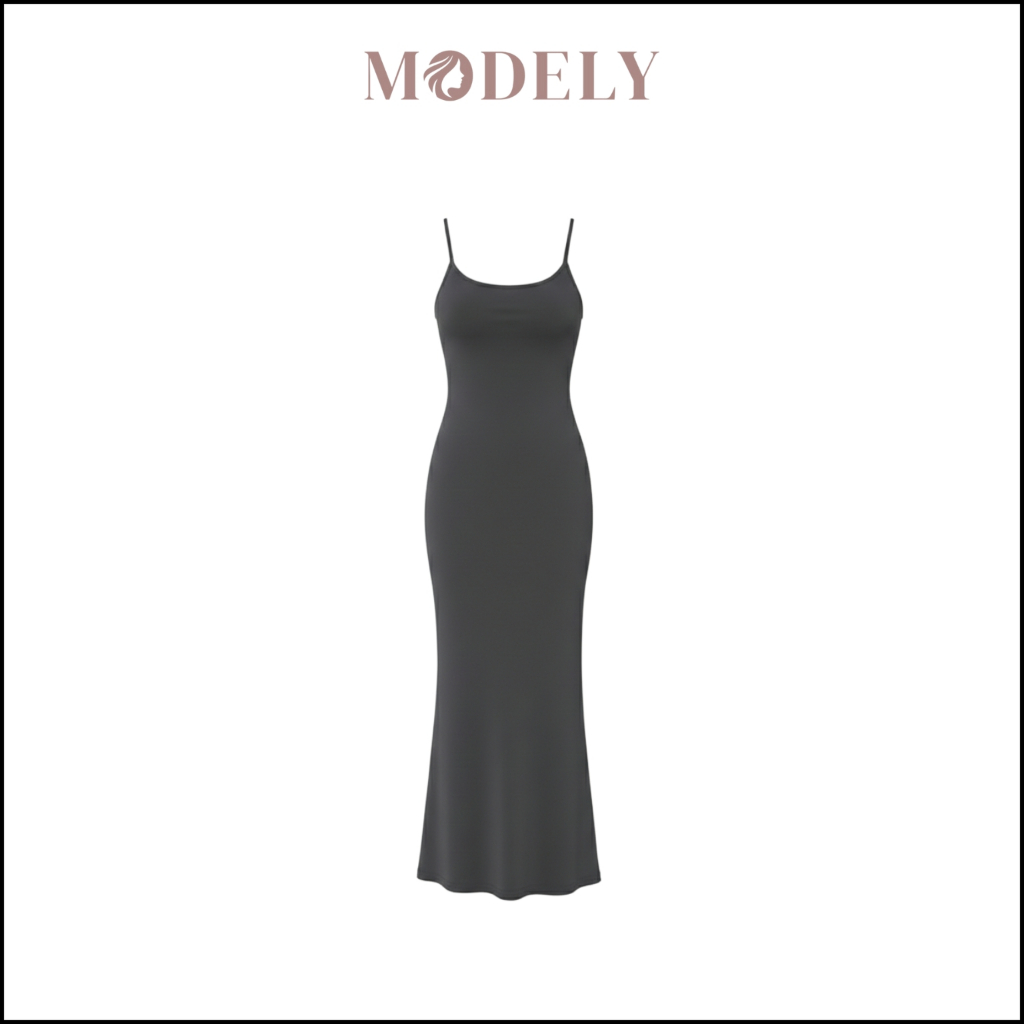 MODELY - Long Dress Slim Fit Square Neck Sleeveless Sexy Gaun Panjang Tanpa Lengan (Size S-XL) DR002