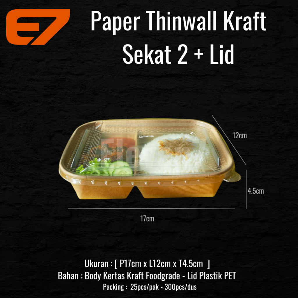 Paper Thinwal sekat 2 , Kotak Makan , Lunch Box+Lid , Foodbox 25pcs