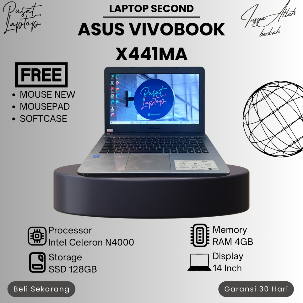 LAPTOP ASUS VIVOBOOK X441MA SECOND | INTEL CELERON N4020 | RAM 4GB | SSD 128 GB | BERGARANSI