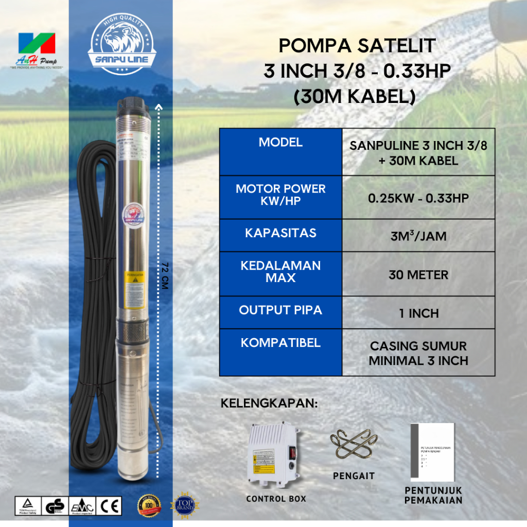 POMPA SATELIT SANPU LINE 3INCH 3/8 0.33HP + KABEL | POMPA AIR POMPA SUBMERSIBLE