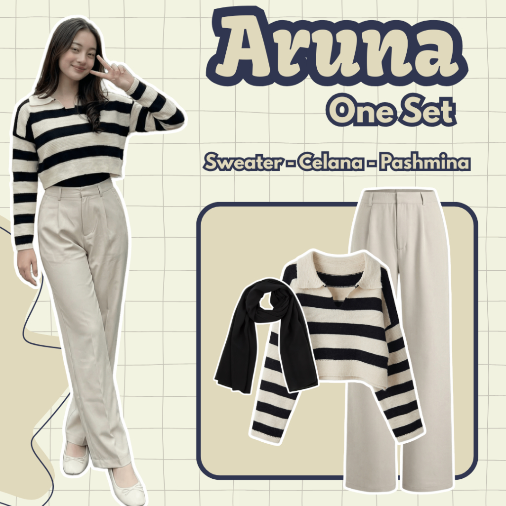One Set Wanita Remaja | Sweater Stripe, Celana Jennie, Hijab Pashmina | Outfit Hijab Casual, OOTD