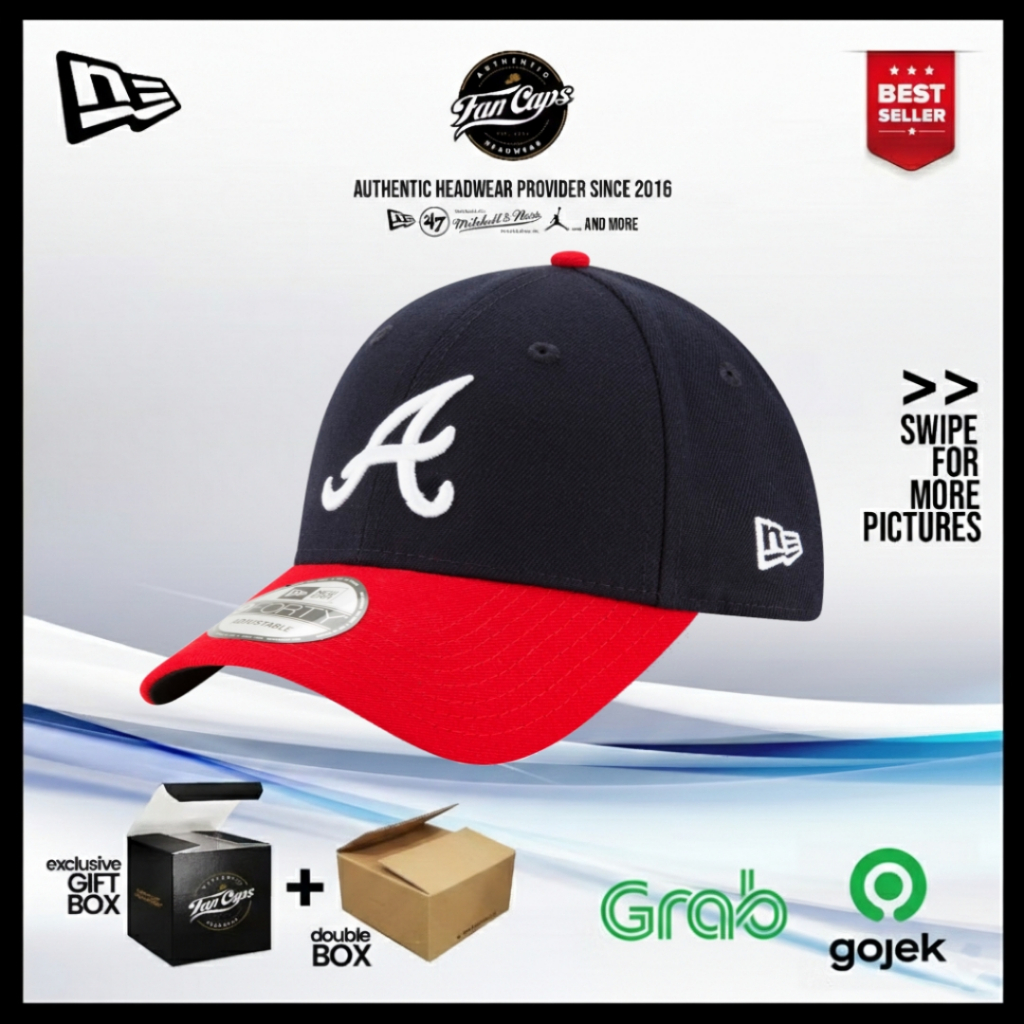 Topi New Era Original MLB Atlanta Braves 9FORTY warna Navy Merah | FREE GIFT BOX