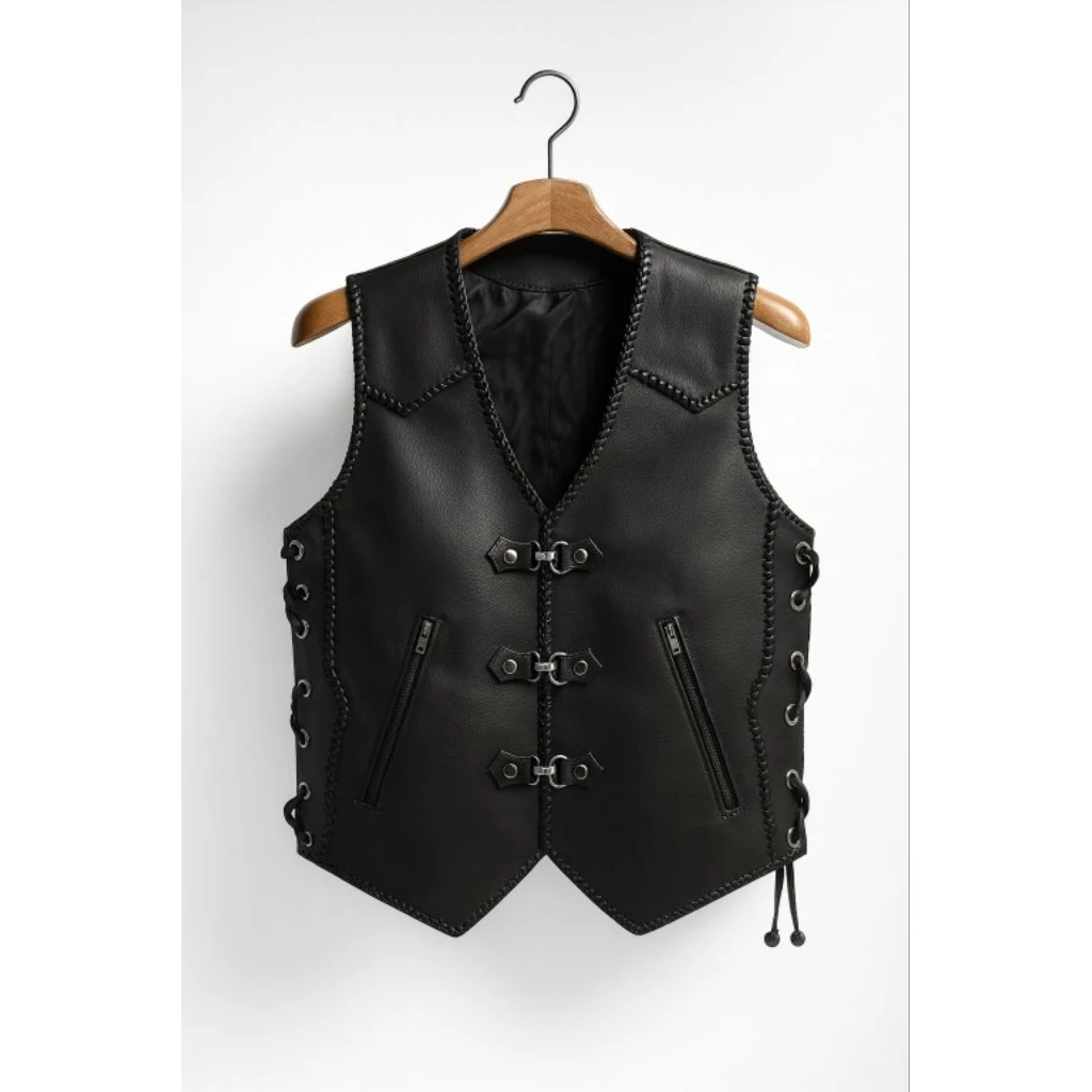 Rompi Biker Vest Saku Pria Asli Kulit Sapi