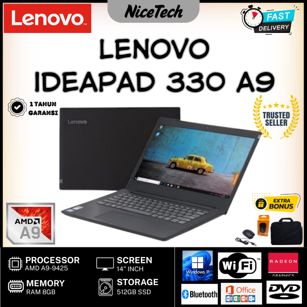 LAPTOP LENOVO IDEAPAD IP 320/330 AMD A9-9425 RAM 8GB SSD 512GB - FREE AKSESORIS WINDOWS 11 DAN OFFIC