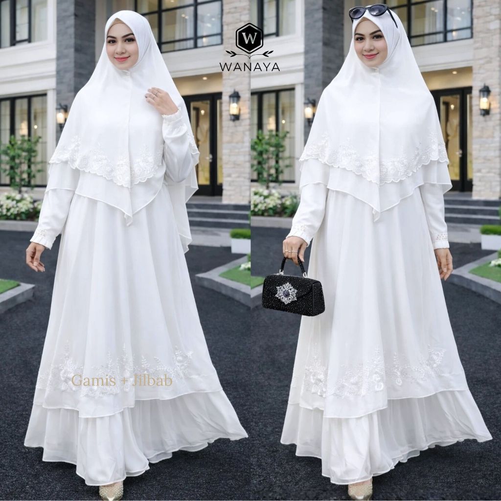 Seri Gamis Ceruty Babydoll Putih BW Pilihan Bordir Polos - Bordir Warna Gratis Hijab Syar'i Elegan