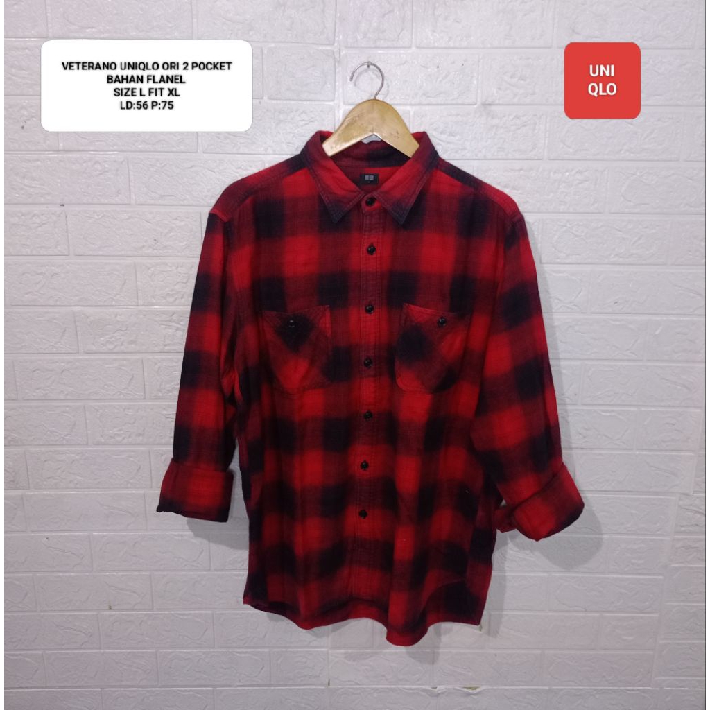 KEMEJA FLANNEL VETERANO UNIQLO ORI SIZE L FIT XL 2 POCKET