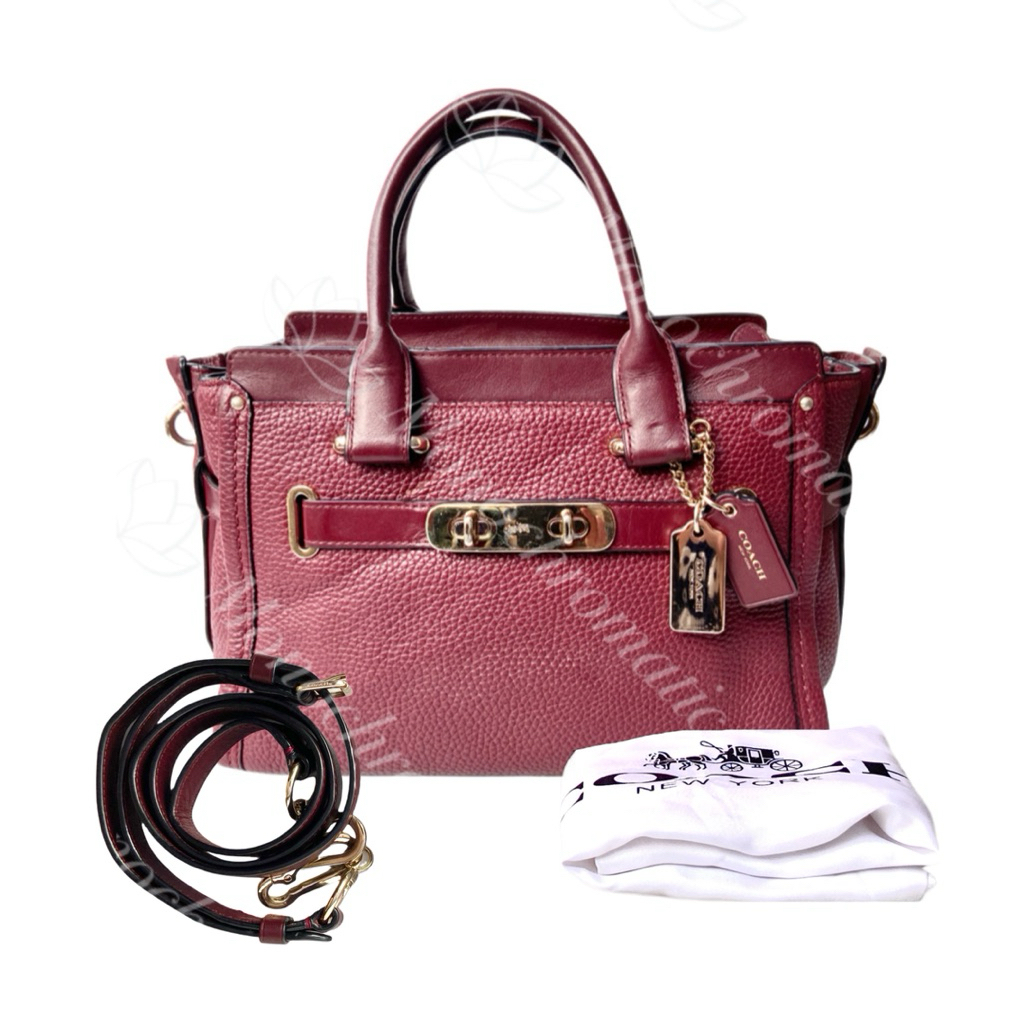 Authentic Original Preloved Coach Butik COC Medium Swagger Oxblood Carryall Leather Top Handle & Cro