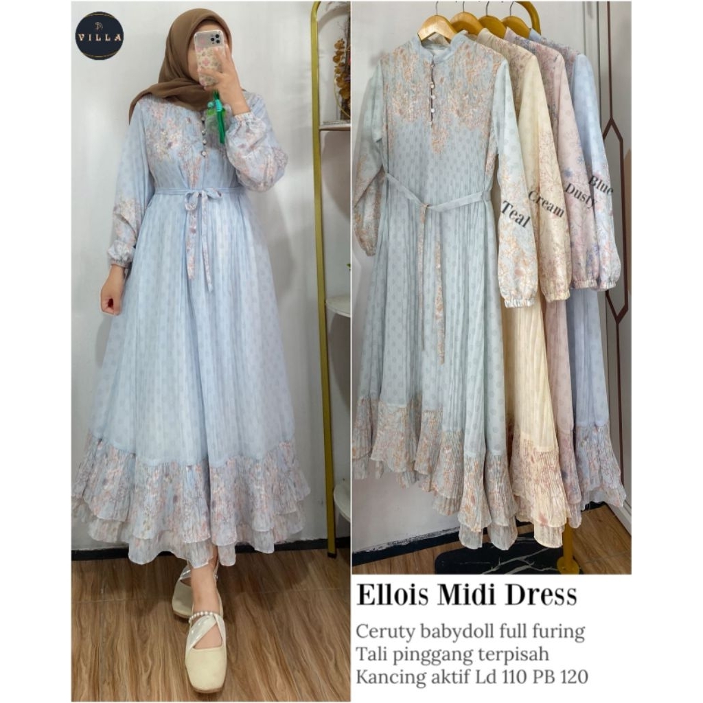 Ellois Hana #2 Midi Series Ceruty Babydol Full Furing By Villa Fashion // Midi Dress Premium Muslima