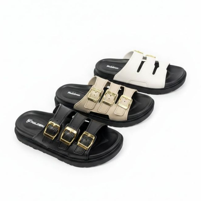Faldera - Sandal Slop Wanita Strip Gesper Korean Style Lembut Lentur
