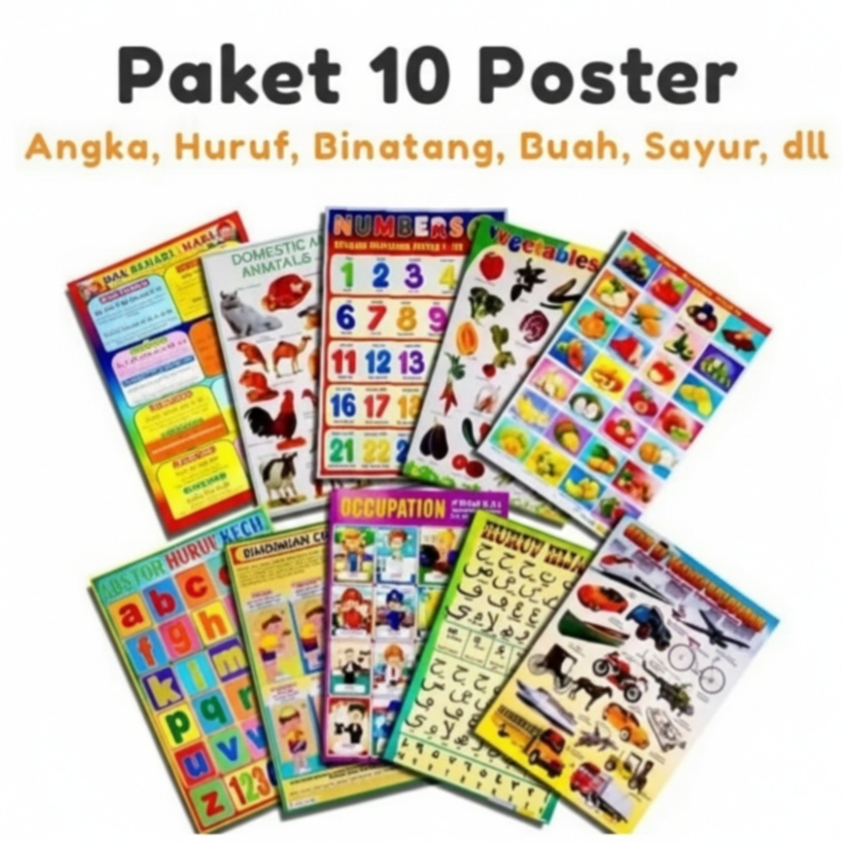 Paket 10 Poster Edukasi Anak Lengkap / Poster Belajar Anak (Angka, Huruf, Hewan, Buah)